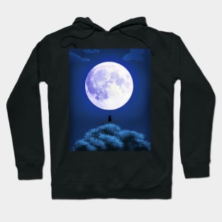 Cat Staring at the Bright Moon Anime Background Landscape Hoodie